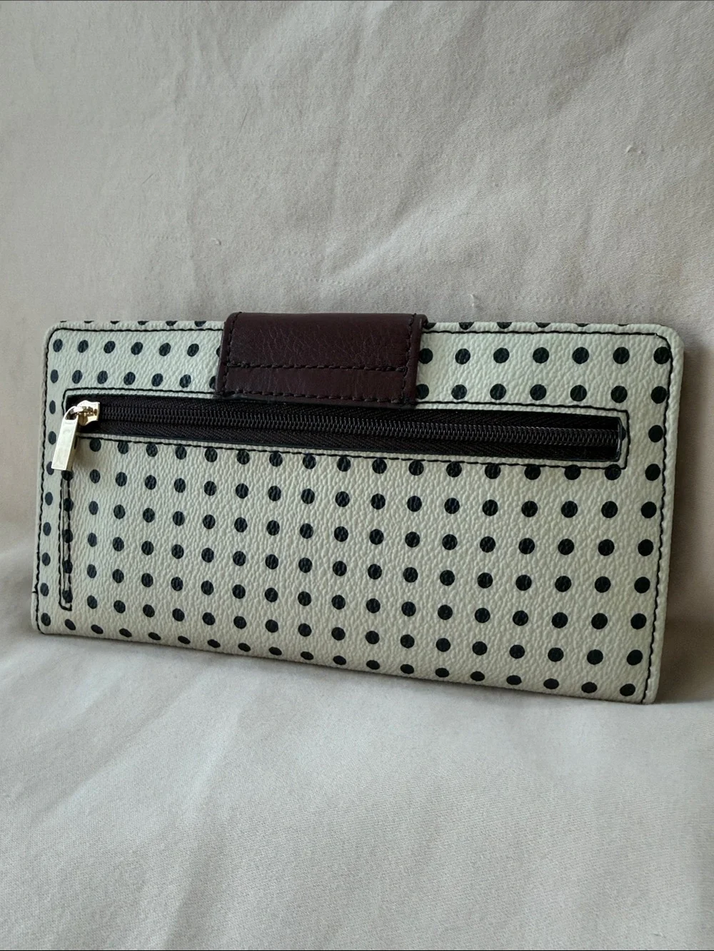 Fossil Logan Polka Dot Leather Trim Slim Tab Clutch Wallet